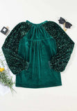 Sequin Notched Long Sleeve Blouse - Trendsi - Flyclothing LLC