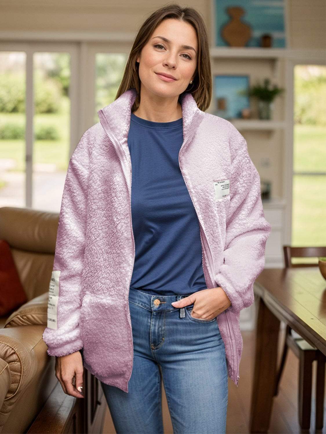 Full Size Turtleneck Zip Up Long Sleeve Sherpa Jacket - Trendsi - Flyclothing LLC