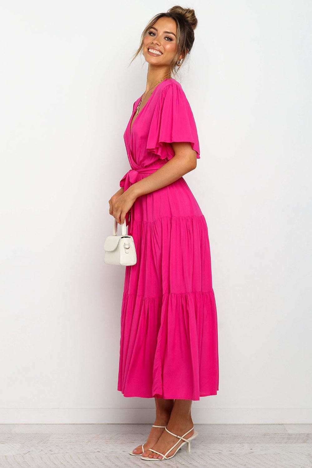 Tied Tiered Short Sleeve Midi Dress - Trendsi - Flyclothing LLC