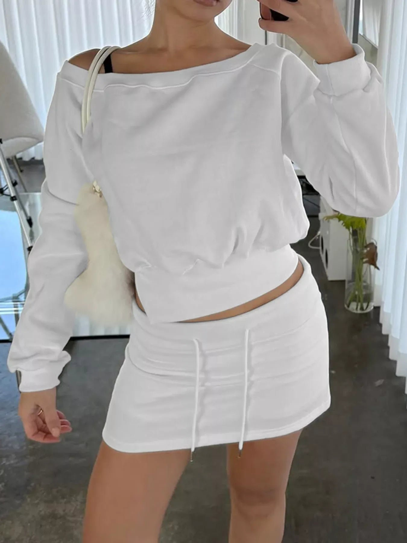 Boat Neck Sweatshirt and Mini Skirt Set - Trendsi - Flyclothing LLC