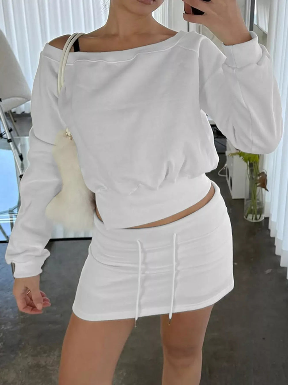 Boat Neck Sweatshirt and Mini Skirt Set - Trendsi - Flyclothing LLC