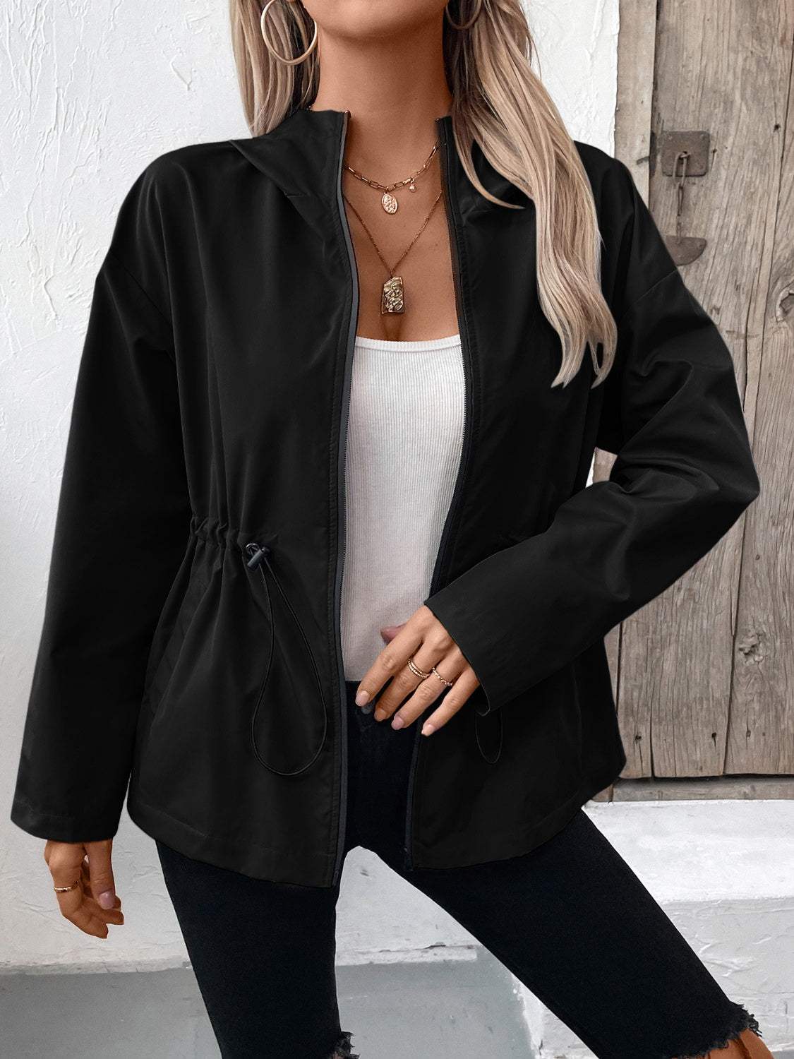Drawstring Zip Up Hooded Jacket - Trendsi - Flyclothing LLC