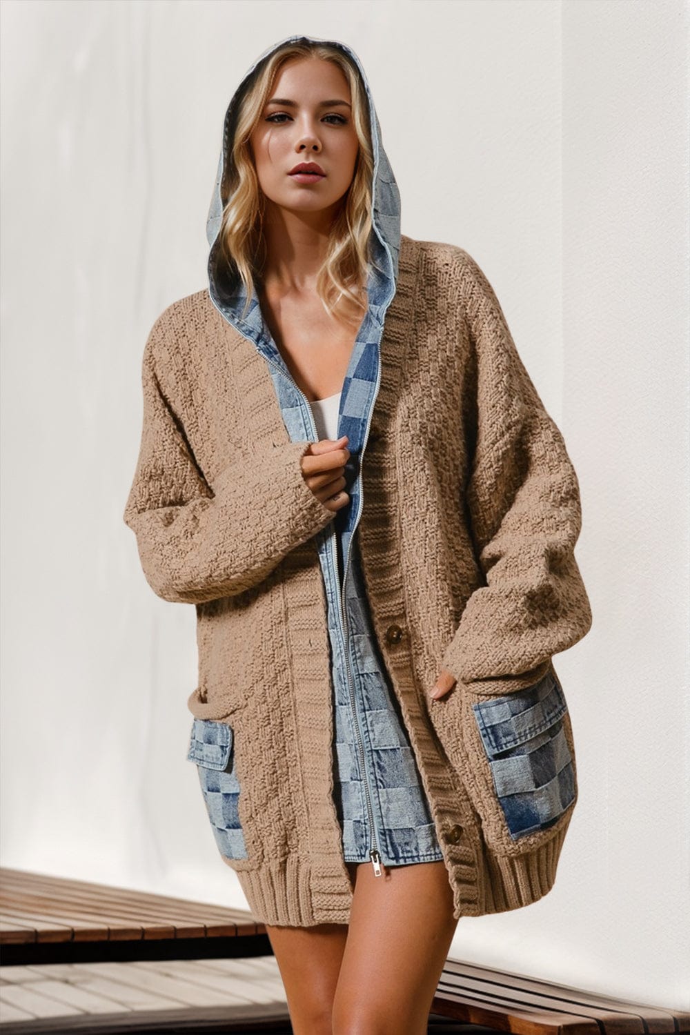 Double Take Full Size Hooded Denim Spliced Sweater Cardigan - Trendsi