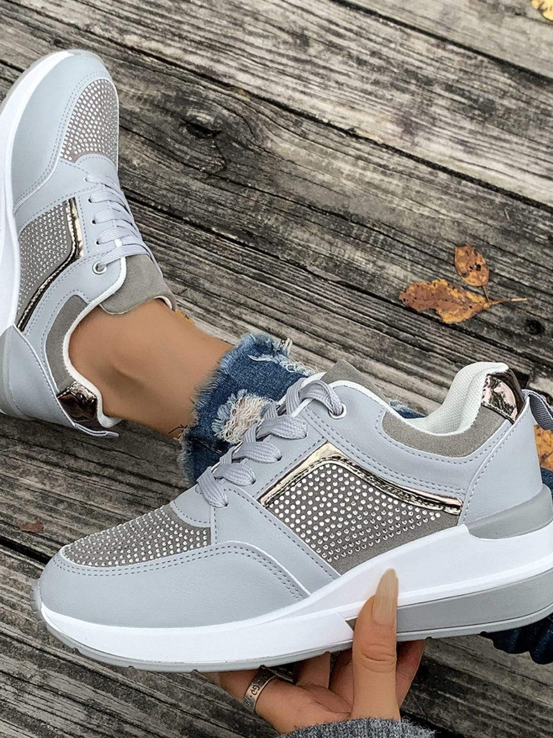 Lace-Up Rhinestone Wedge Sneakers - Trendsi - Flyclothing LLC