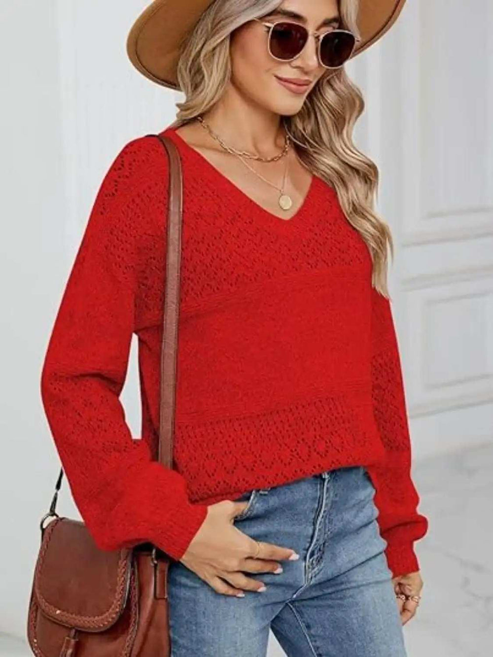 Eyelet V-Neck Long Sleeve Sweater - Trendsi - Flyclothing LLC