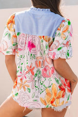 Floral Striped Yoke Frilled Tie Neck Puff Short Sleeve Blouse - Trendsi - Flyclothing LLC