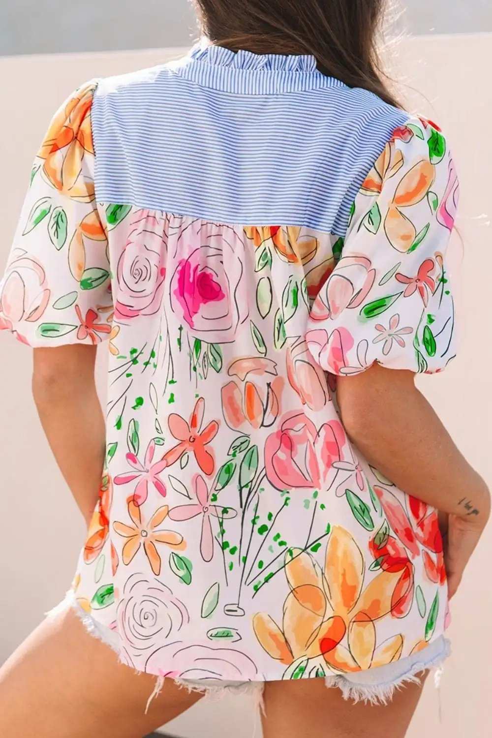 Floral Striped Yoke Frilled Tie Neck Puff Short Sleeve Blouse - Trendsi - Flyclothing LLC