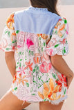 Floral Striped Yoke Frilled Tie Neck Puff Short Sleeve Blouse - Trendsi