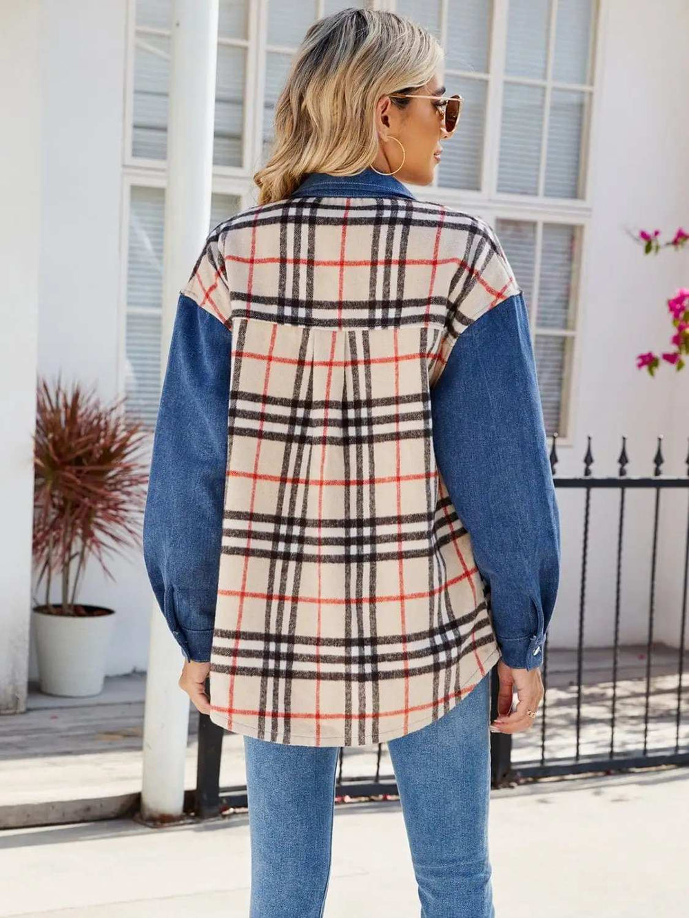 Plaid Long Sleeve Denim Jacket - Trendsi - Flyclothing LLC