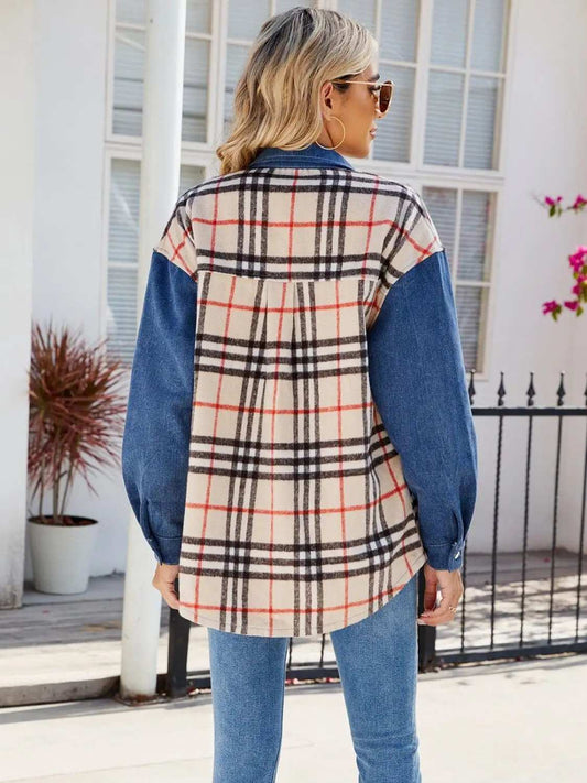Plaid Long Sleeve Denim Jacket - Trendsi - Flyclothing LLC