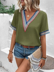 Full Size V-Neck Short Sleeve Blouse - Trendsi