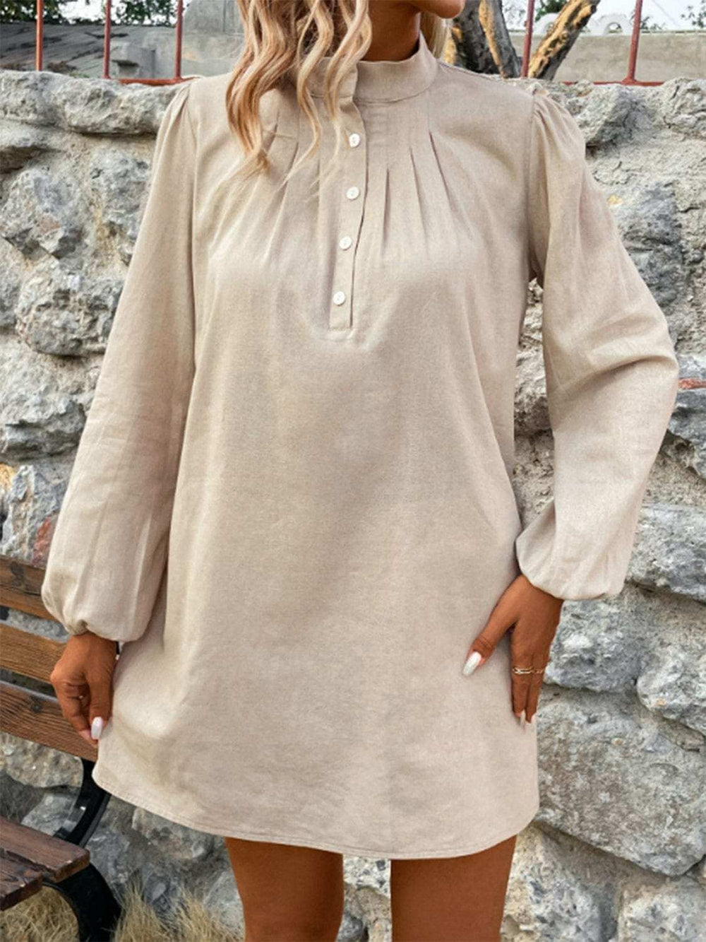 Half Button Mock Neck Long Sleeve Mini Shirt Dress - Trendsi - Flyclothing LLC