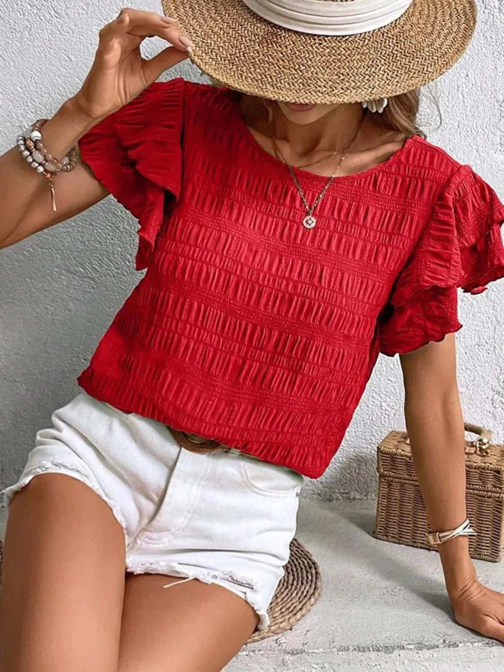 Round Neck Ruffled Short Sleeve Top - Trendsi - Flyclothing LLC
