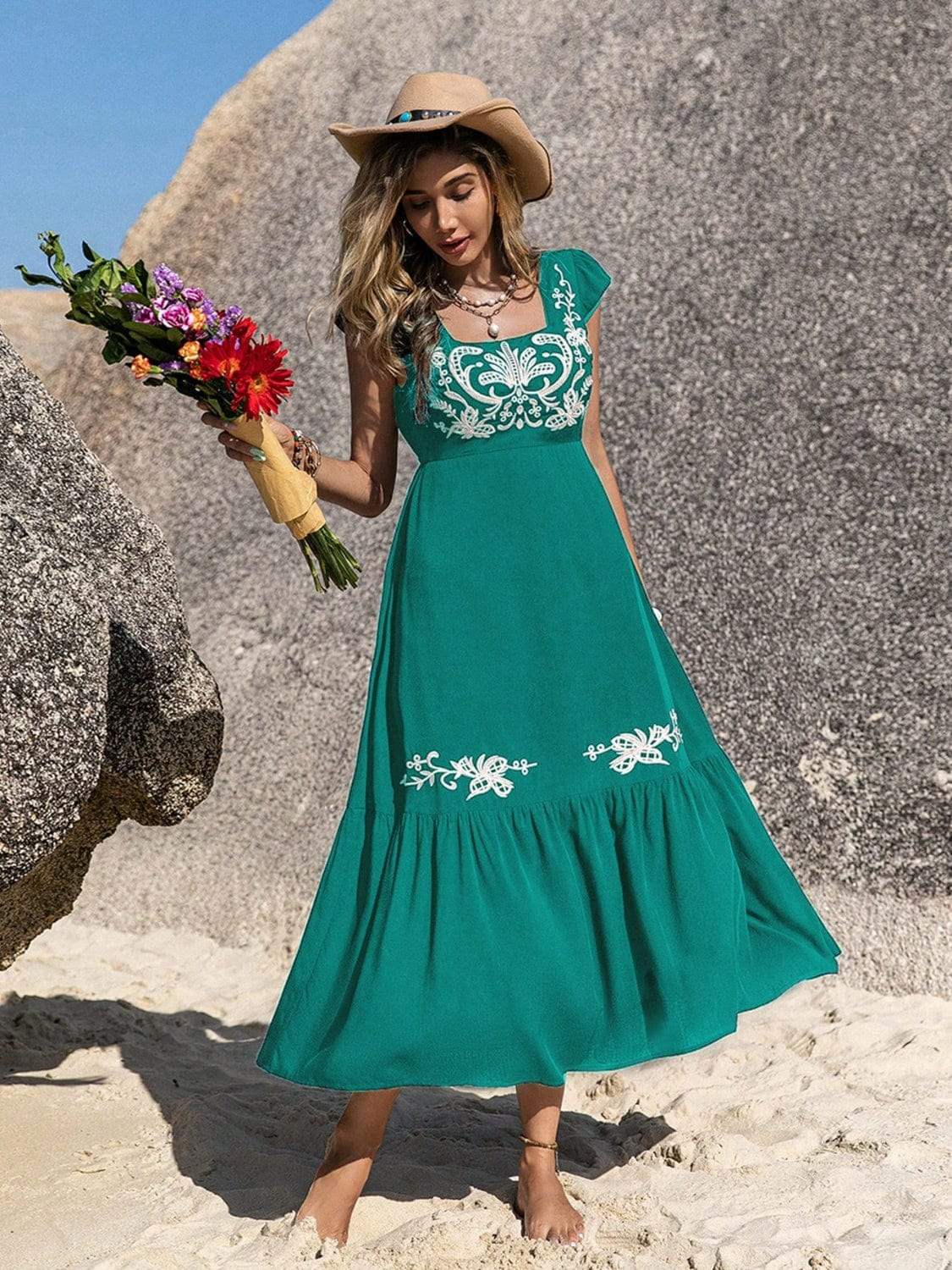 Embroidered Square Neck Cap Sleeve Dress - Trendsi - Flyclothing LLC
