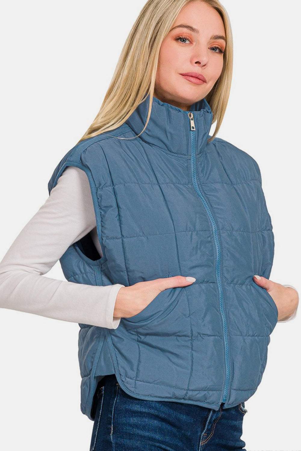 Zenana Zip Up Cropped Puffer Vest with Pockets - Trendsi - Flyclothing LLC