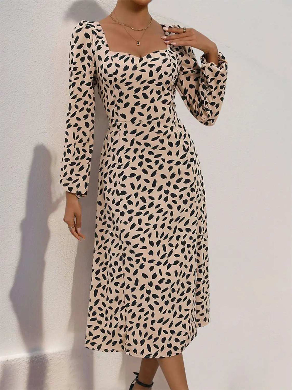 Tied Slit Printed Long Sleeve Midi Dress - Trendsi - Flyclothing LLC