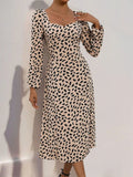 Tied Slit Printed Long Sleeve Midi Dress - Trendsi