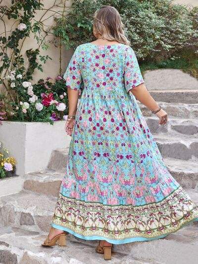 Plus Size Printed Tie Neck Flutter Sleeve Maxi Dress - Trendsi - Flyclothing LLC