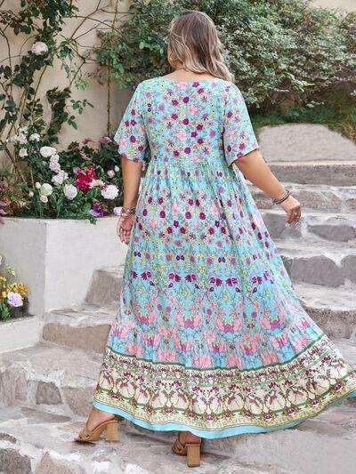 Plus Size Printed Tie Neck Flutter Sleeve Maxi Dress - Trendsi - Flyclothing LLC