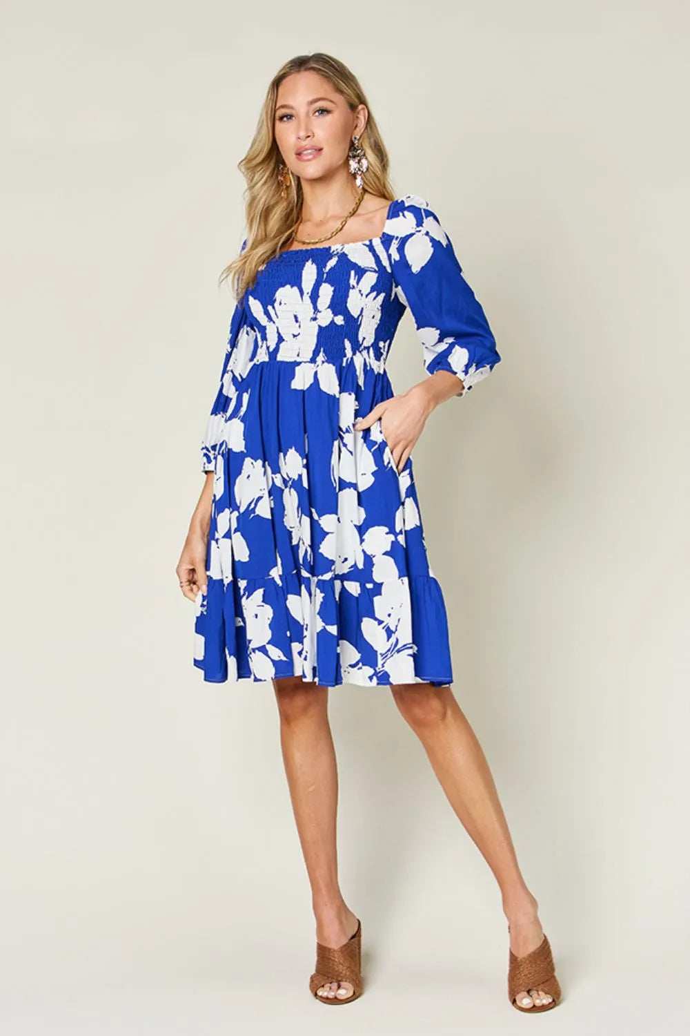 Double Take Full Size Floral Ruffle Hem Smocked Dress with Pockets - Trendsi - Flyclothing LLC