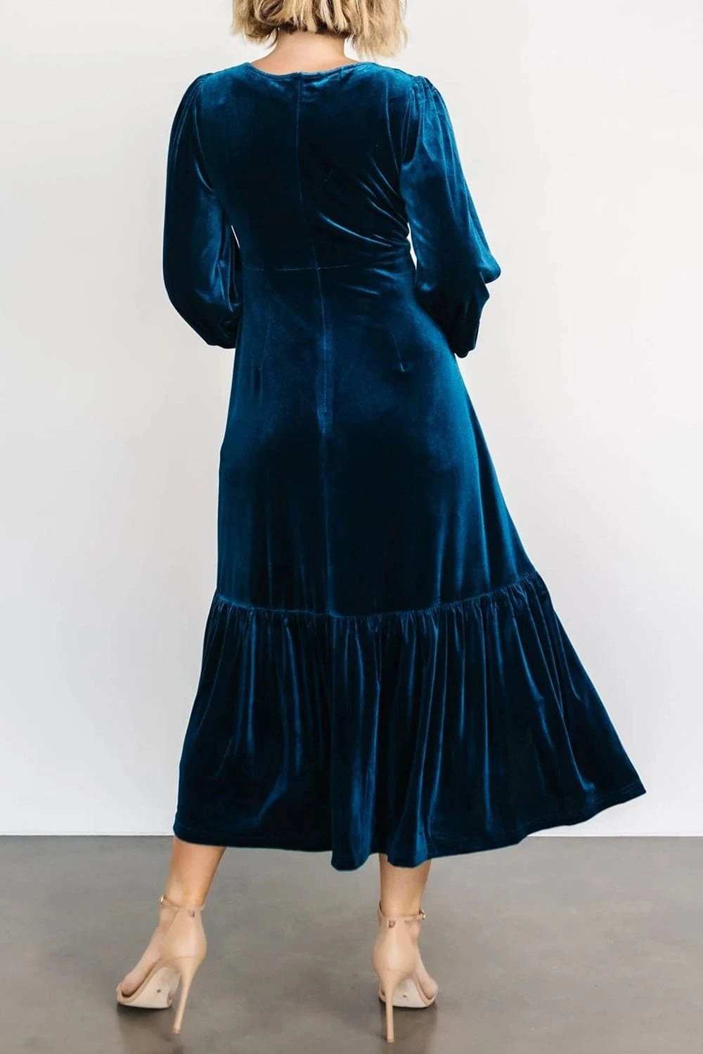 V-Neck Long Sleeve Midi Velvet Dress - Trendsi - Flyclothing LLC