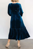 V-Neck Long Sleeve Midi Velvet Dress - Trendsi - Flyclothing LLC