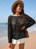 Openwork Slit Boat Neck Long Sleeve Cover-Up - Trendsi - Flyclothing LLC