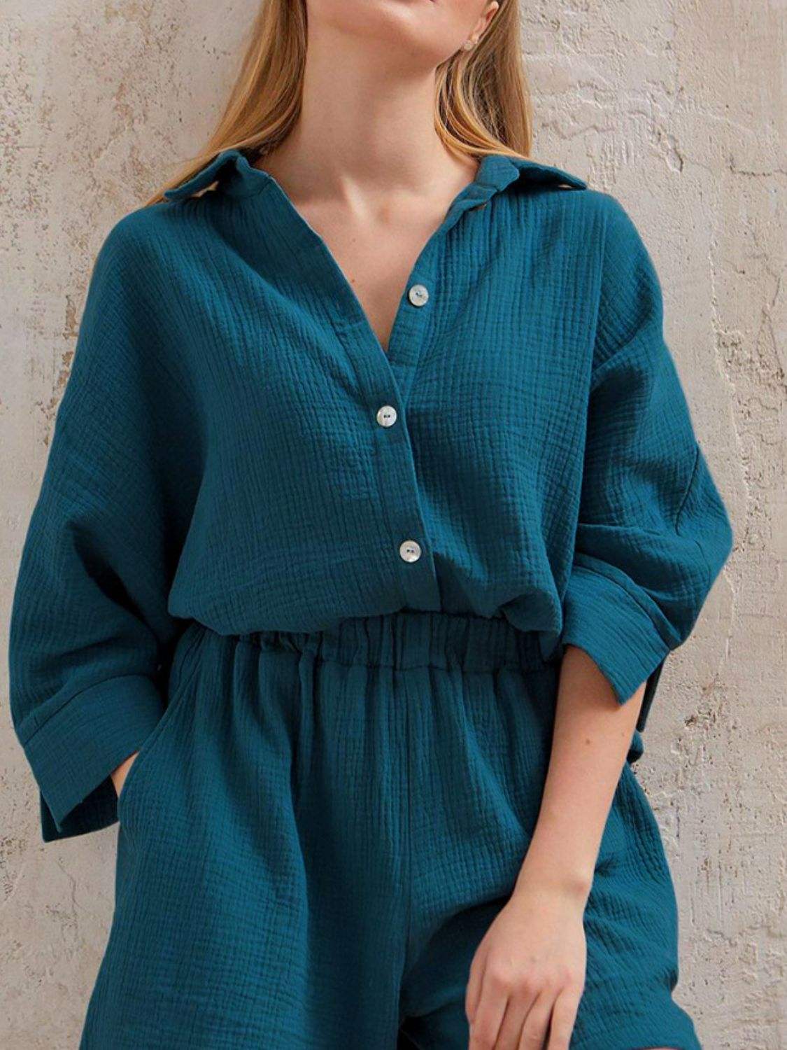 Texture Button Up Shirt and Shorts Set - Trendsi - Flyclothing LLC
