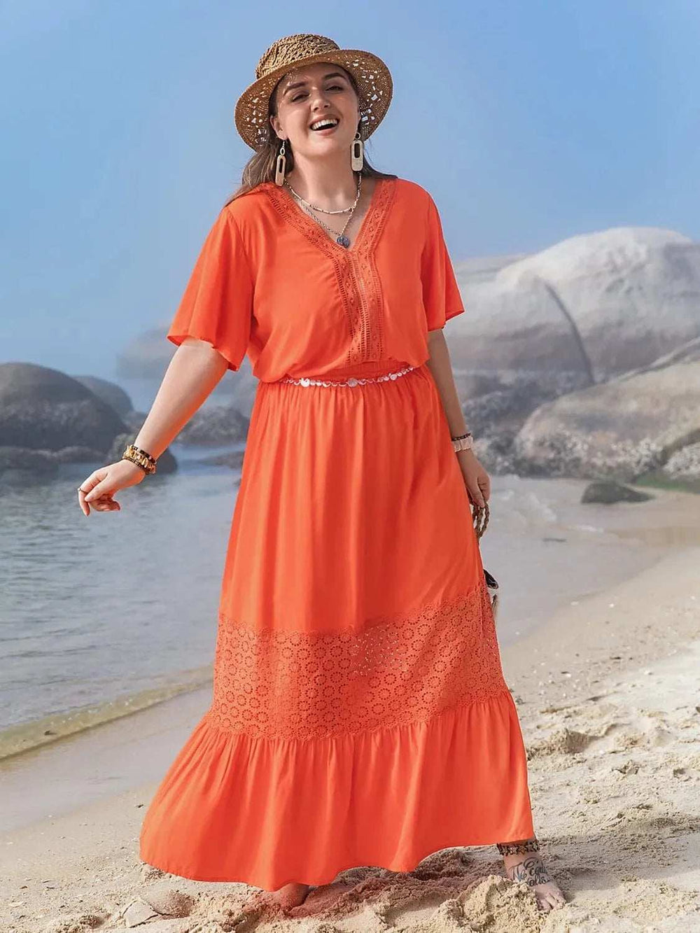 Plus Size V-Neck Flutter Sleeve Maxi Dress - Trendsi - Flyclothing LLC