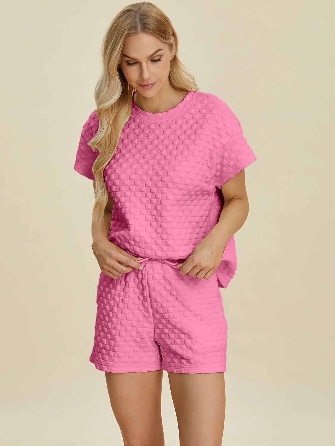 Double Take Full Size Texture T-Shirt and Shorts Set - Trendsi - Flyclothing LLC