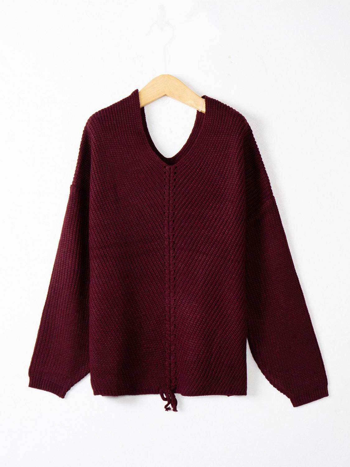 Full Size Lace Up V-Neck Long Sleeve Sweater - Trendsi - Flyclothing LLC