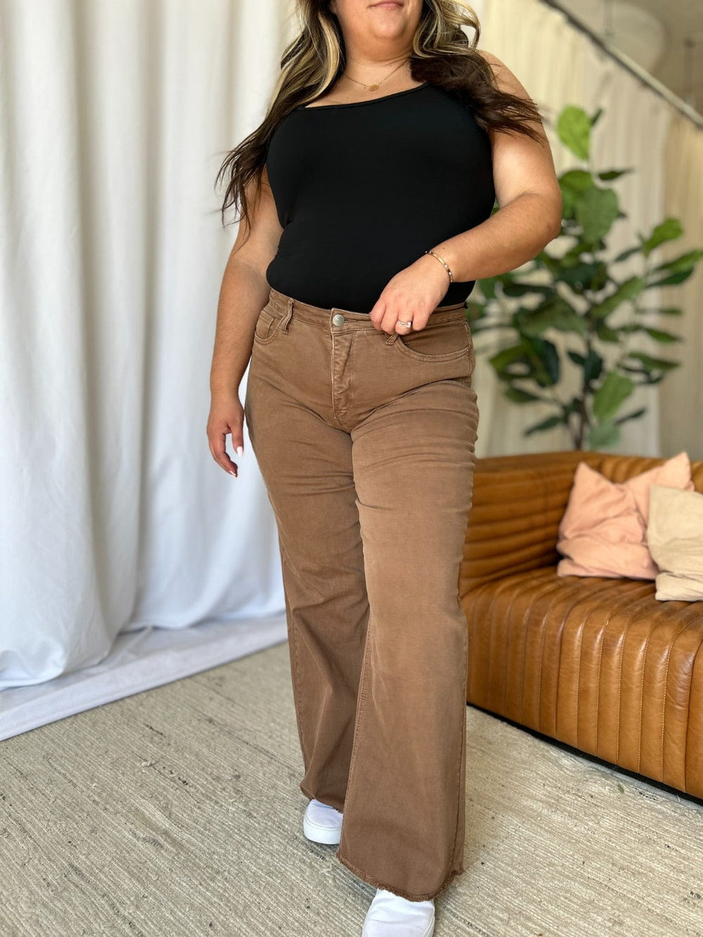 RFM Full Size High Rise Garment Dye Wide Leg Jeans - Trendsi