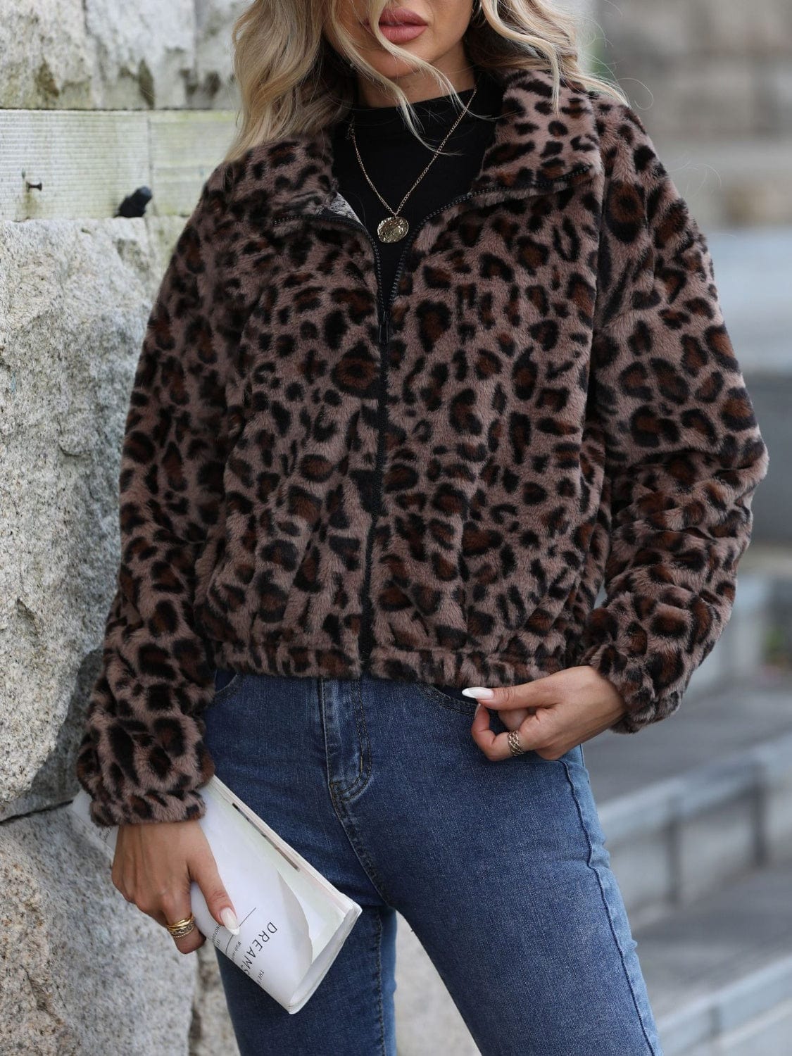 Leopard Collared Neck Zip Up Jacket - Trendsi