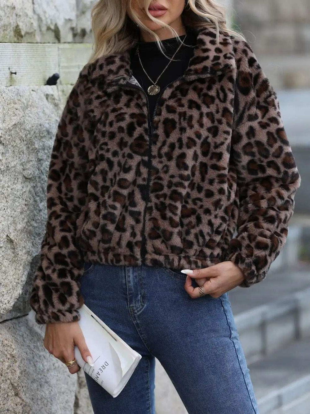 Leopard Collared Neck Zip Up Jacket - Trendsi - Flyclothing LLC