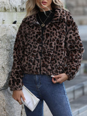 Leopard Collared Neck Zip Up Jacket - Trendsi