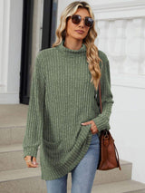 Ribbed Mock Neck Long Sleeve T-Shirt - Trendsi - Flyclothing LLC