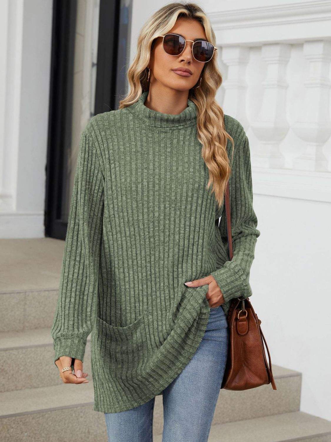 Ribbed Mock Neck Long Sleeve T-Shirt - Trendsi - Flyclothing LLC