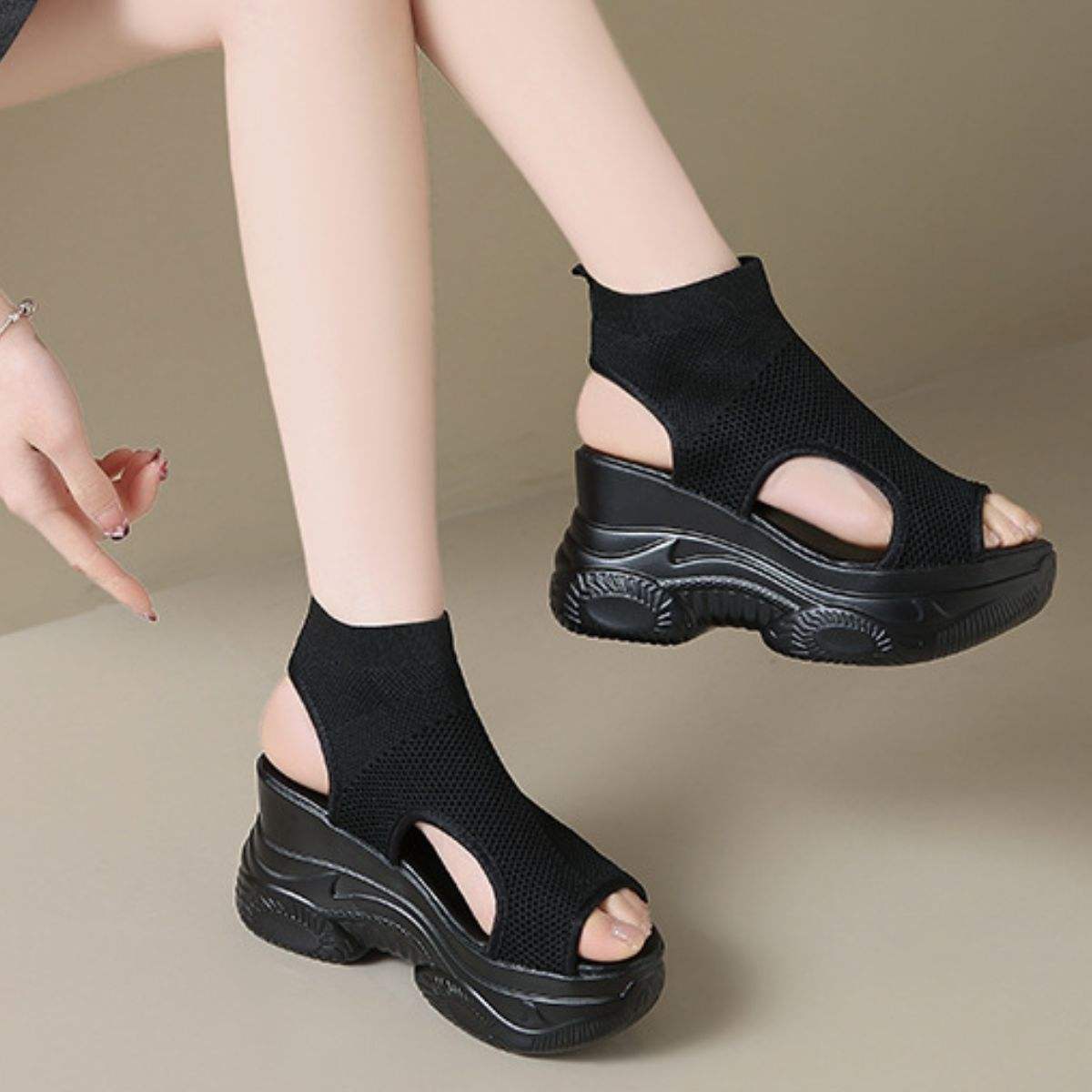 Cutout Mesh Wedge Sandals - Trendsi - Flyclothing LLC