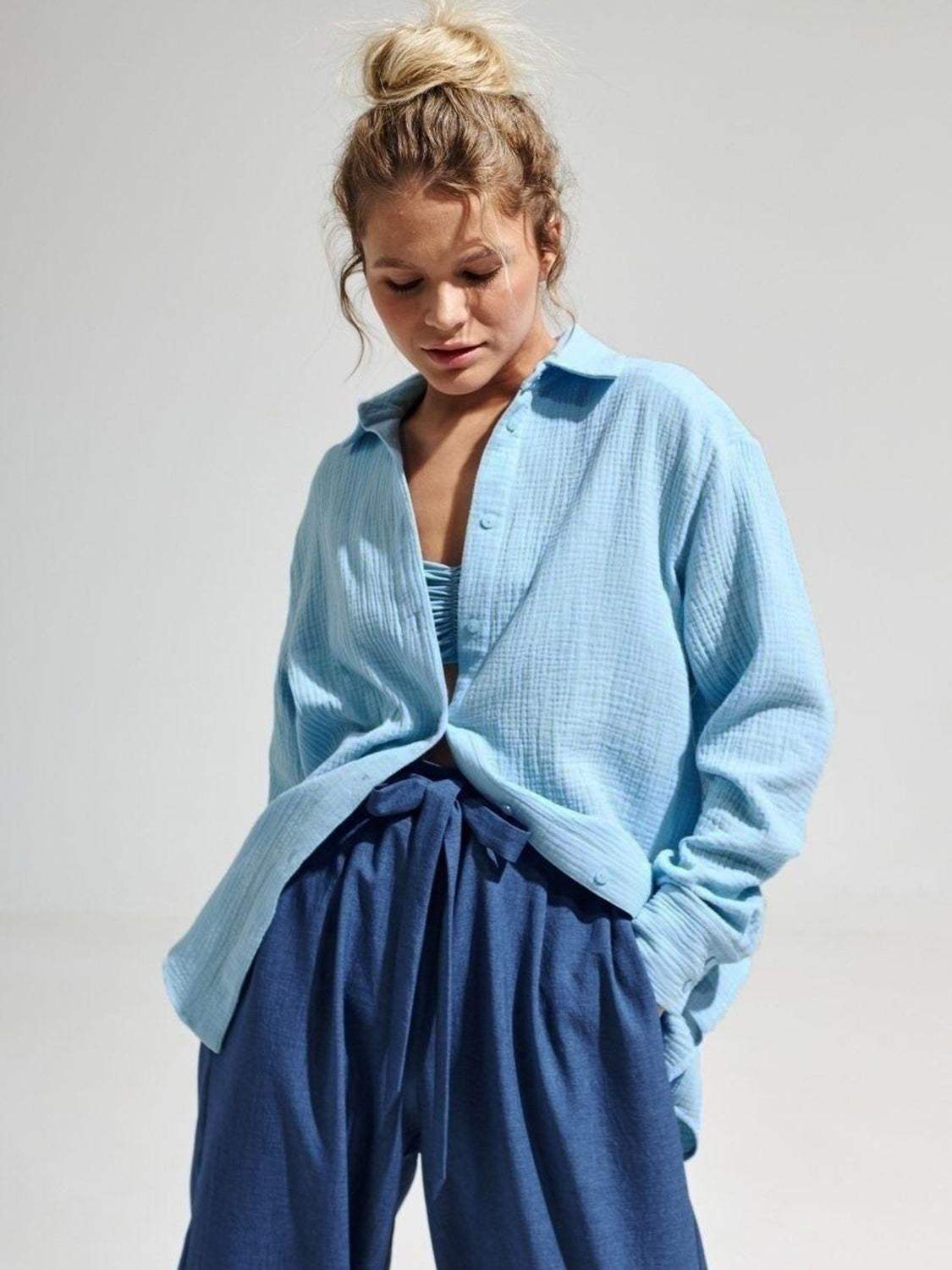 Textured Collared Neck Long Sleeve Shirt - Trendsi - Flyclothing LLC