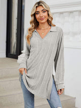 Slit Johnny Collar Long Sleeve T-Shirt - Trendsi - Flyclothing LLC
