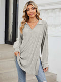 Slit Johnny Collar Long Sleeve T-Shirt - Trendsi - Flyclothing LLC
