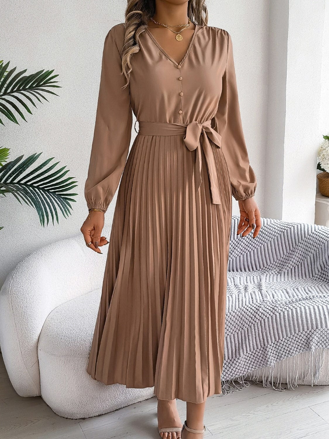 Pleated Tied V-Neck Long Sleeve Dress - Trendsi