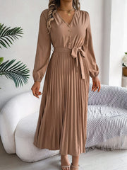 Pleated Tied V-Neck Long Sleeve Dress - Trendsi