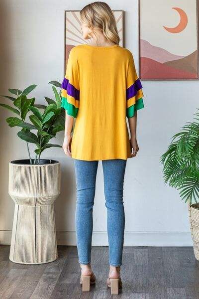 Heimish Full Size Round Neck Color Block Ruffled Half Sleeve Top Plus Size - Trendsi - Flyclothing LLC