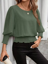 Smocked Waist Round Neck Blouse - Trendsi - Flyclothing LLC