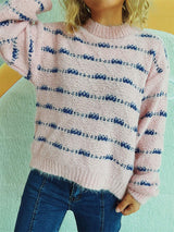 Striped Round Neck Long Sleeve Sweater - Trendsi - Flyclothing LLC