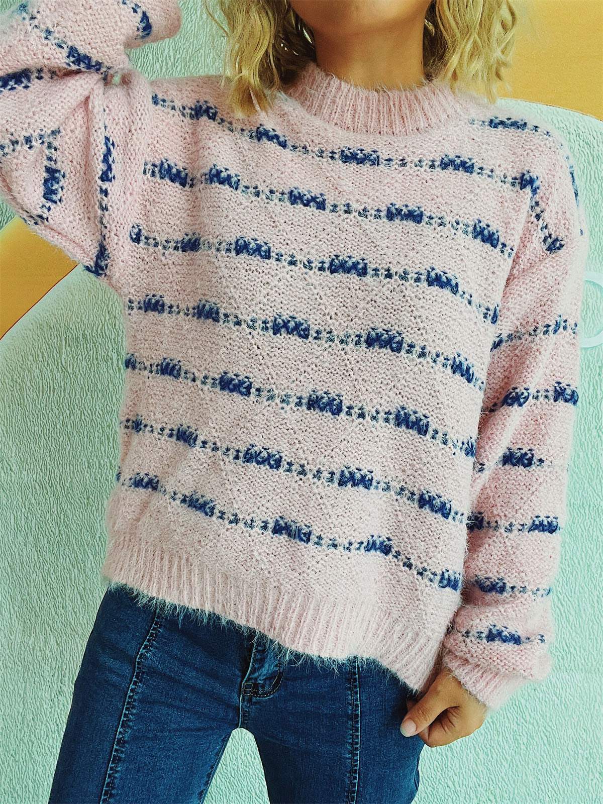 Striped Round Neck Long Sleeve Sweater - Trendsi - Flyclothing LLC