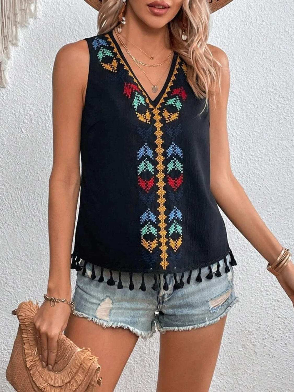 Tassel Printed V-Neck Tank - Trendsi - Flyclothing LLC