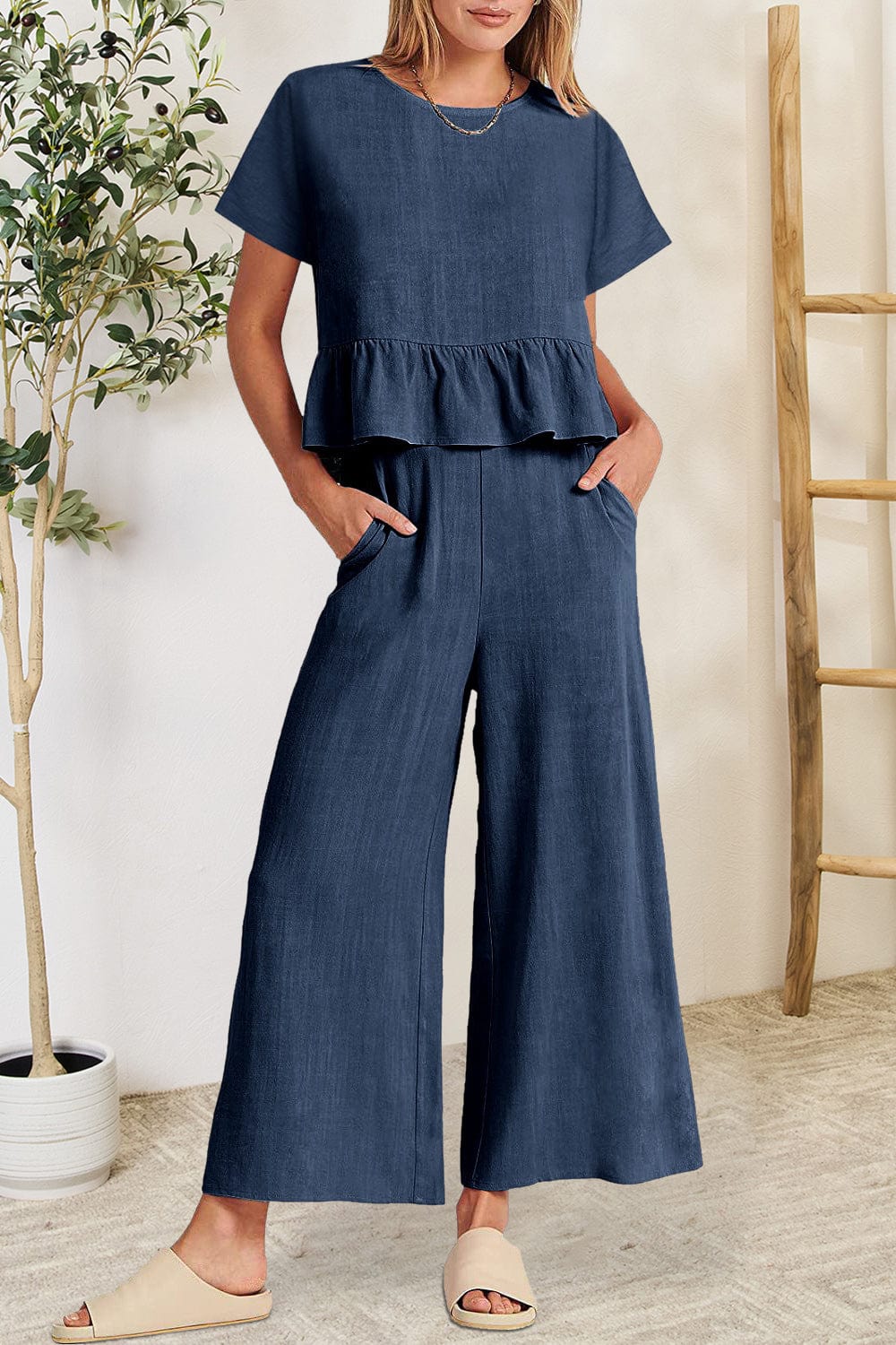 Peplum Round Neck Short Sleeve Top and Pants Set - Trendsi