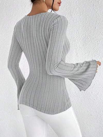 Ribbed Flare Sleeve Top - Trendsi - Flyclothing LLC